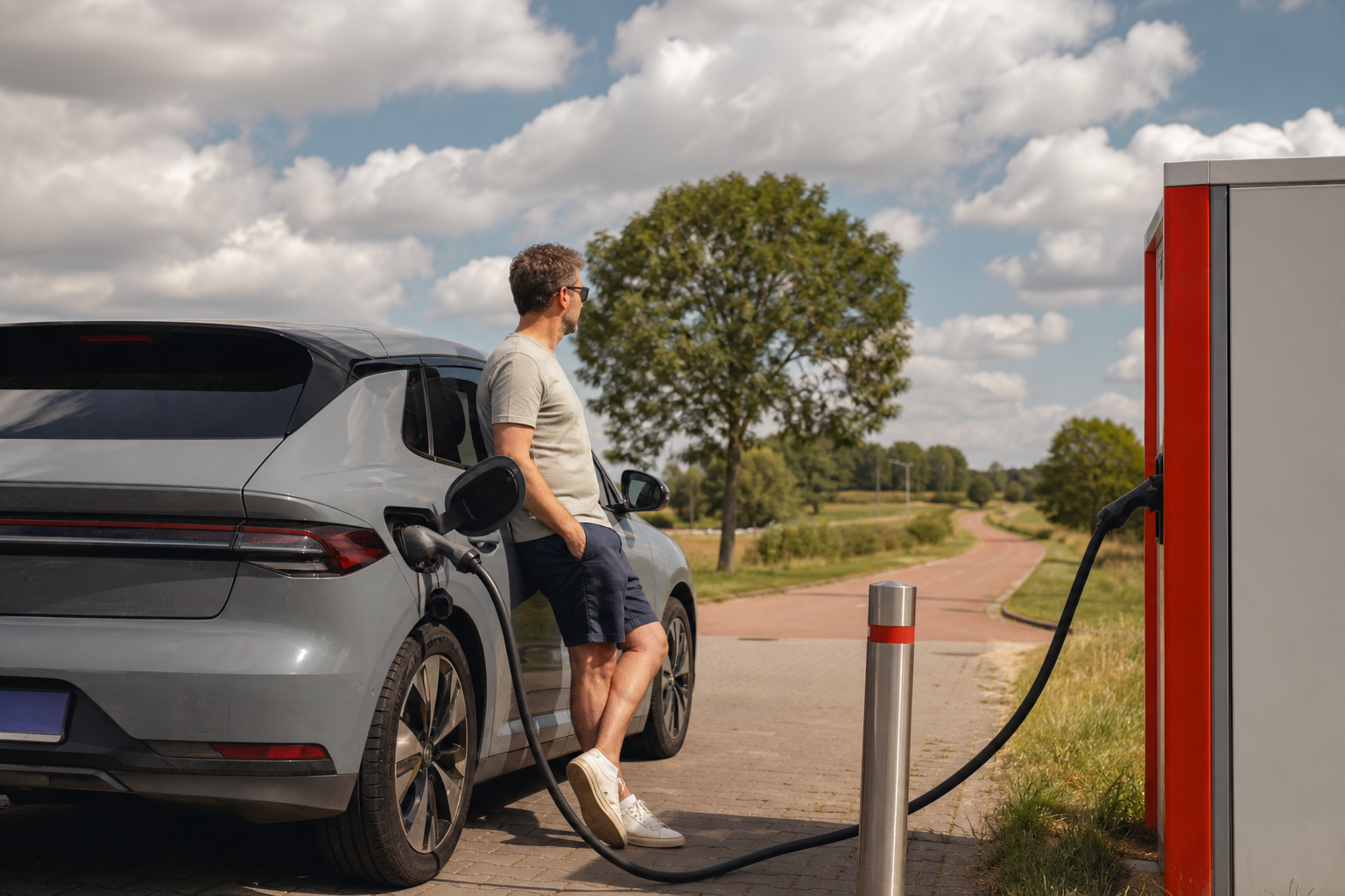 Een bestuurder pauzeert naast een elektrische auto die aan een openbare snellader staat