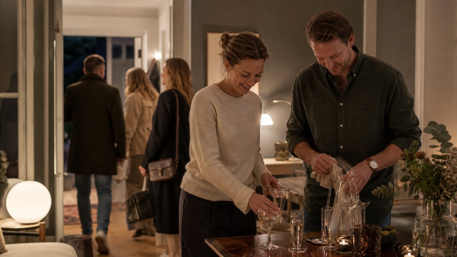 Utomhusfest med tak, paraplyer och ett skyddat dukat bord